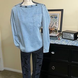 Smocked Oversized Denim Blouse